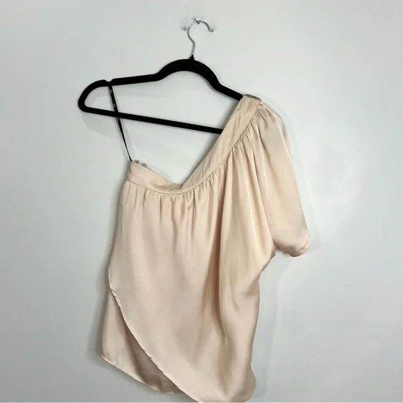 BEDO Femme blush satin beaded neckline one shoulder top S - Picture 3 of 10